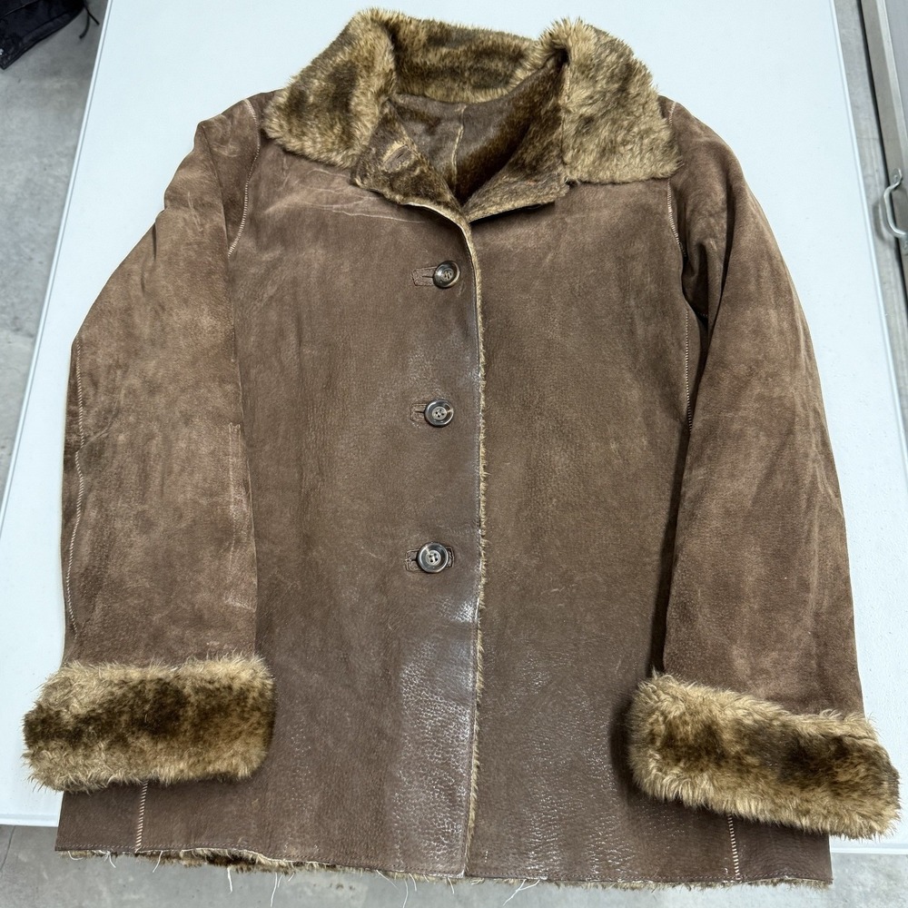newyork & company Suede leather Jacket Womens Brown Faux Fur Trimmed Coat